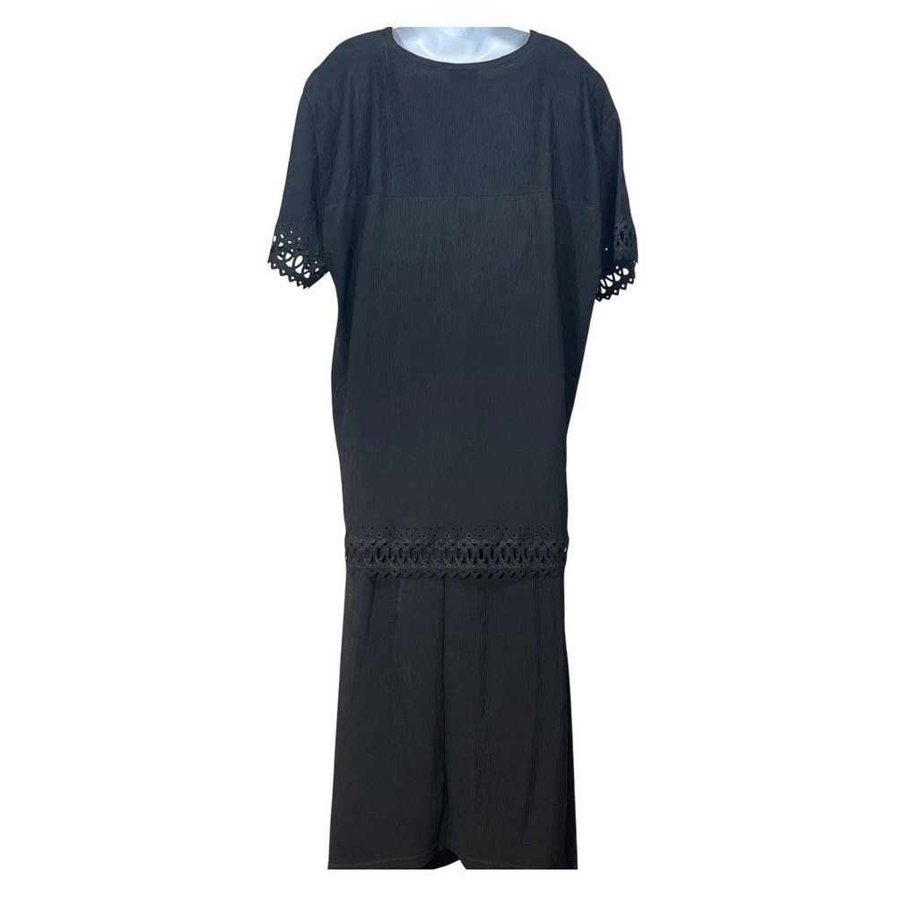 Superline USA Black Crinkle 2pc Eyelet Cutout Tunic & Maxi Skirt vintage USA